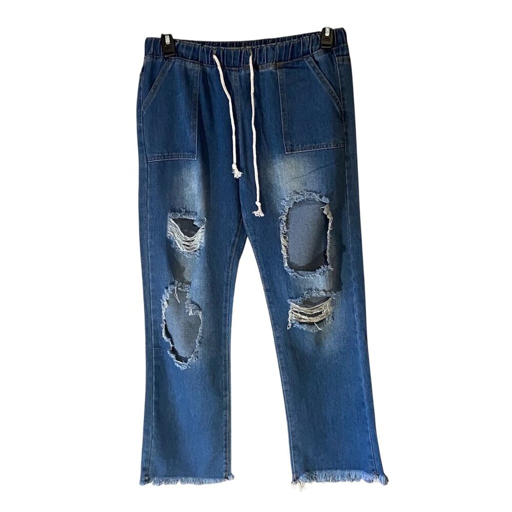 Destroyed Denim Jeans Pants Frayed Hem Elastic Waistband Women Large Drawstring‎